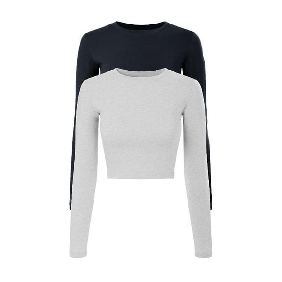 Made by Olivia Women's 2-Pack Solid Long Sleeve Round Neck Crop T Shirt Top