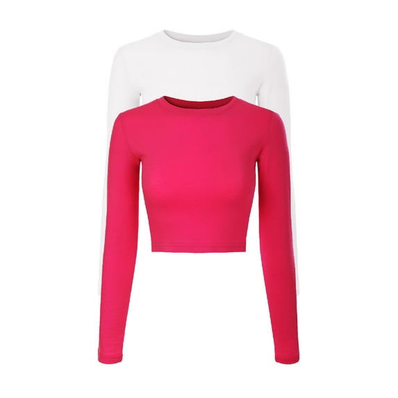 Made by Olivia Women's 2-Pack Solid Long Sleeve Round Neck Crop T Shirt Top