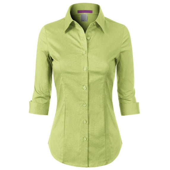Made by Olivia Women's 3/4 Sleeve Stretchy Button Down Collar Office Formal Casual Blouse Shirts Top