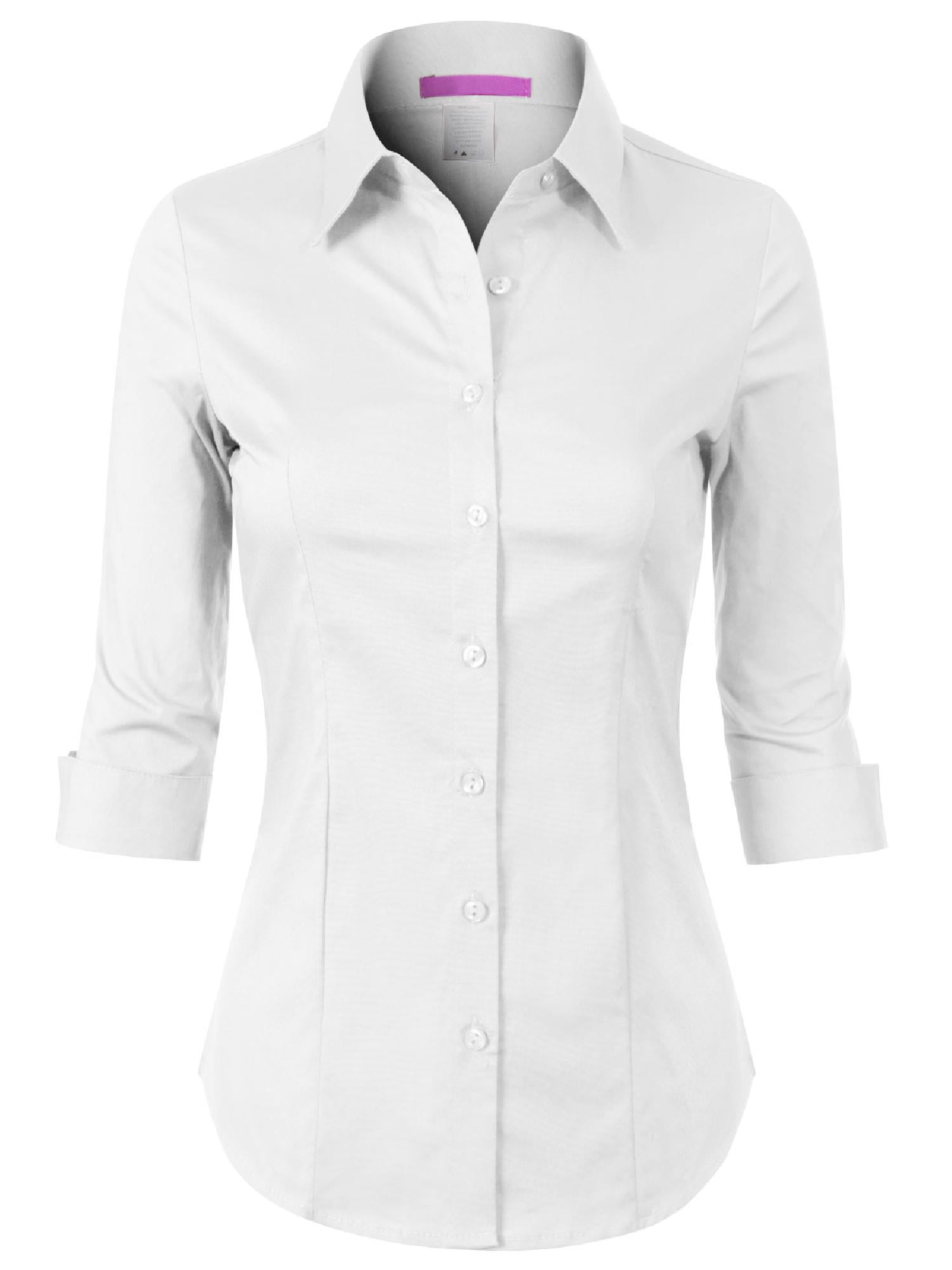 Made by Olivia Women's 3/4 Sleeve Stretchy Button Down Collar Office ...
