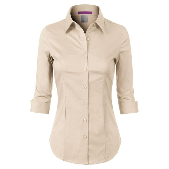 Made by Olivia Women's 3/4 Sleeve Stretchy Button Down Collar Office Formal Casual Blouse Shirts Top