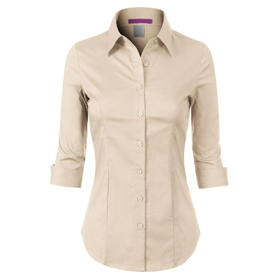 Made by Olivia Women's 3/4 Sleeve Stretchy Button Down Collar Office Formal Casual Blouse Shirts Top