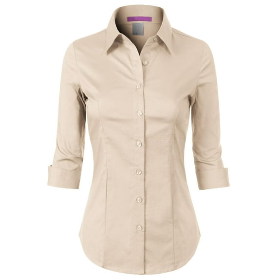 Made by Olivia Women's 3/4 Sleeve Stretchy Button Down Collar Office Formal Casual Blouse Shirts Top