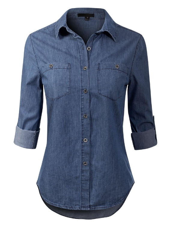 Women's Basic Classic Long Sleeve Button Down Denim Jean Shirt