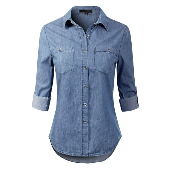 Made by Olivia Women's Basic Classic Long Sleeve Button Down Denim Jean Shirt