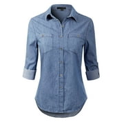 Made by Olivia Women's Basic Classic Roll up Sleeve Button Down Chambray Denim Shirt