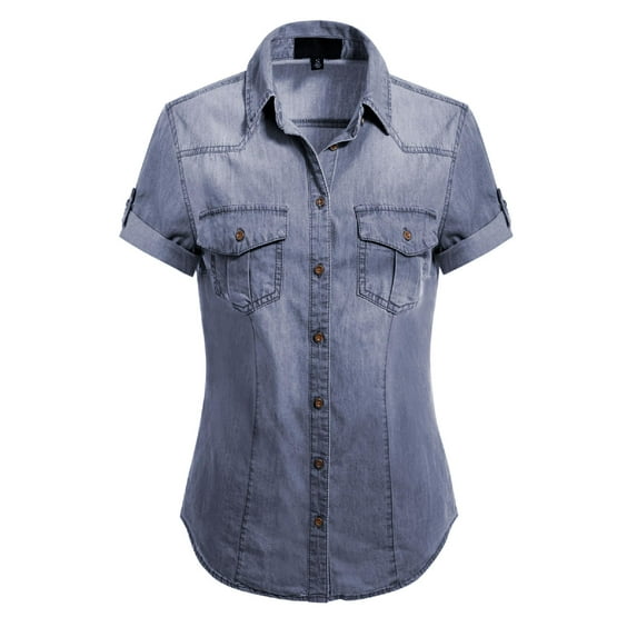 Made by Olivia Women's Button-Down Cap Sleeve Denim Chambray Shirt