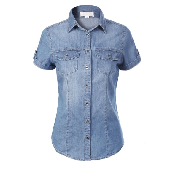 Made by Olivia Women's Cap Sleeve Button Down Denim Chambray Shirt Light Denim 1XL