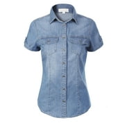 Made by Olivia Women's Cap Sleeve Button Down Denim Chambray Shirt