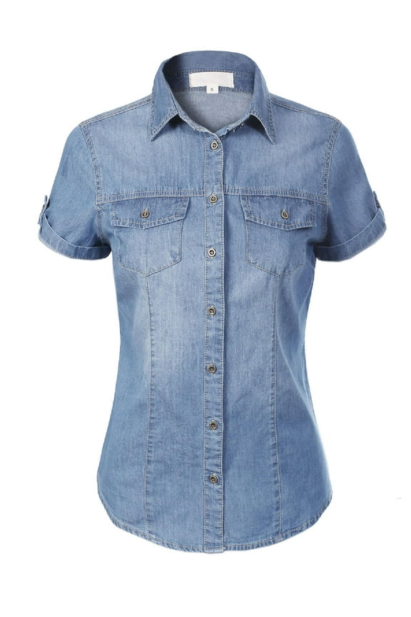 Women's Cap Sleeve Button Down Denim Chambray Shirt