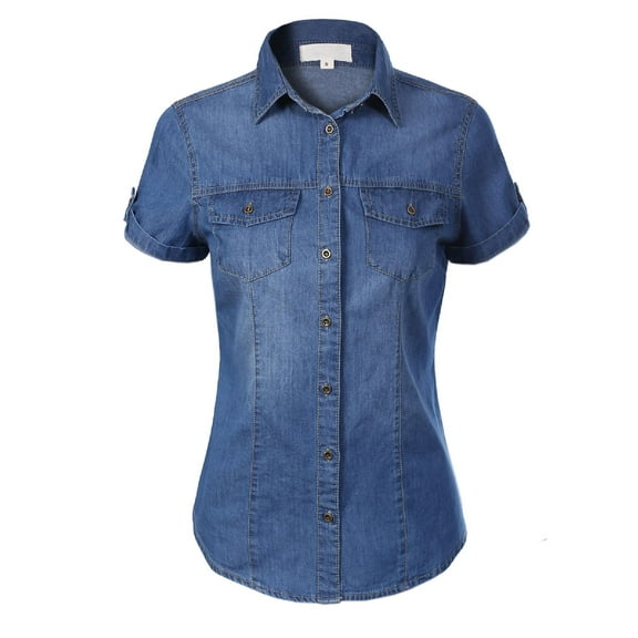 Made by Olivia Women's Cap Sleeve Button Down Denim Chambray Shirt
