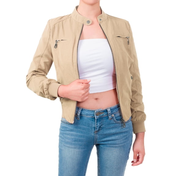 Made by Olivia Women's Casual Faux Suede Ribbed Hem Zip Up Bomber Short Jacket