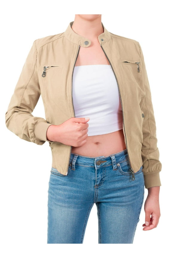 Women's Casual Faux Suede Ribbed Hem Zip Up Bomber Short Jacket