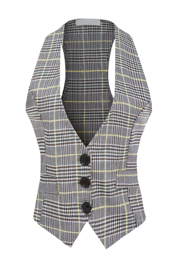 Women's Casual Versatile Racerback Plaid Vest Tuxedo Suit Waistcoat