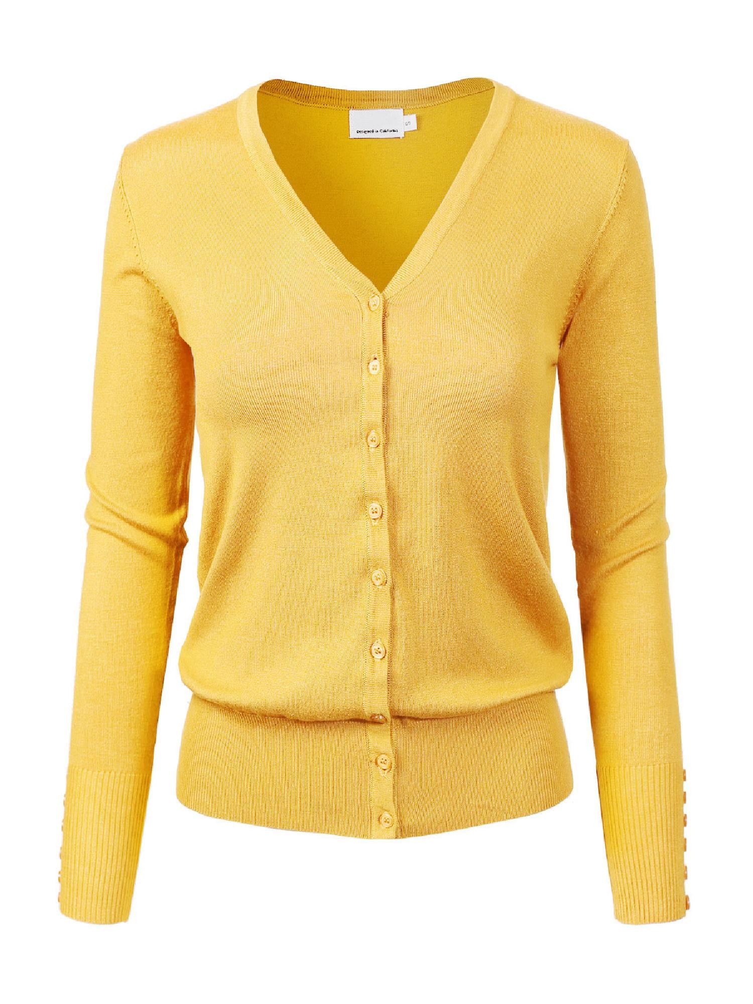 Design By Olivia Women's V-Neck Button Down Cardigan - Soft Knit Long Sleeve Sweater, Yellow, Small