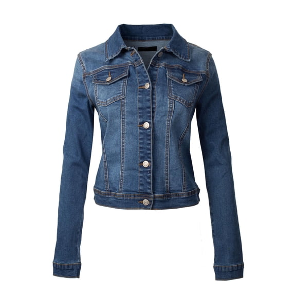 Made by Olivia Women's Classic/ Destroyed Vintage Blue Stone Washed Long Sleeve Denim Jean Jacket