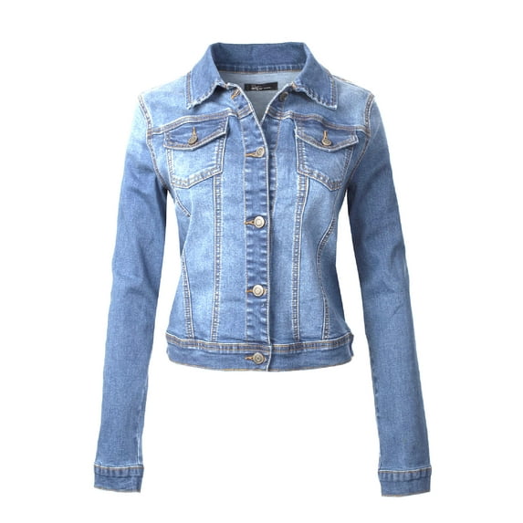 Made by Olivia Women's Classic/ Destroyed Vintage Blue Stone Washed Long Sleeve Denim Jean Jacket