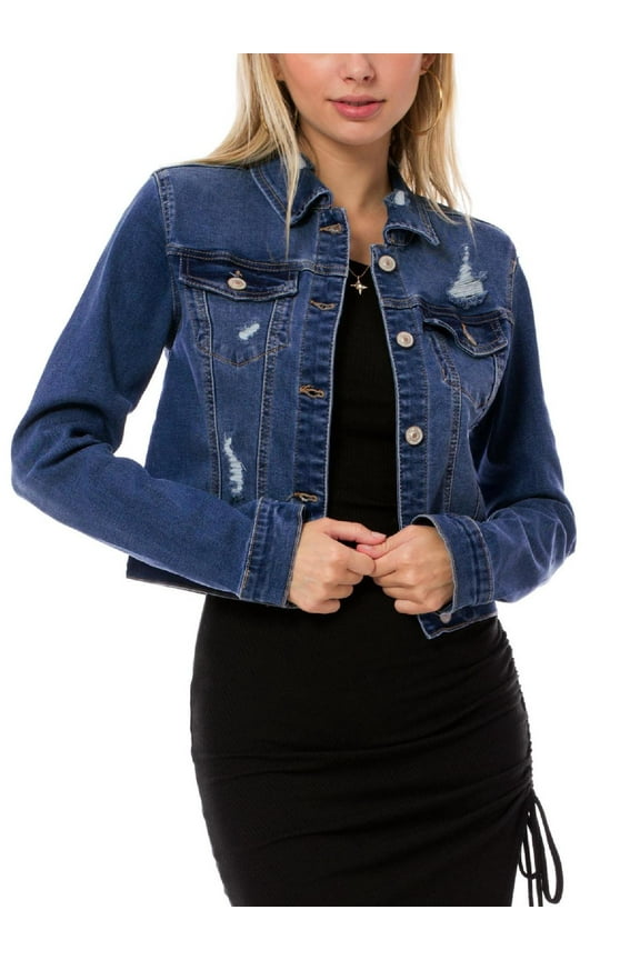 Women's Classic Lightly Distressed Button Down Denim Crop Jean Jacket