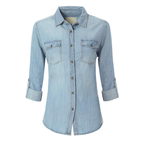 Made by Olivia Women's Classic Long/Roll Up Sleeve Button Down Denim Chambray Shirt