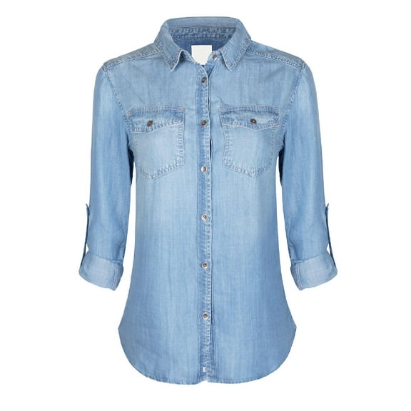 Made by Olivia Women's Classic Long/Roll Up Sleeve Button Down Denim Chambray Shirt