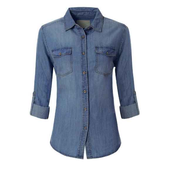 Made by Olivia Women's Classic Long/Roll Up Sleeve Button Down Denim Chambray Shirt