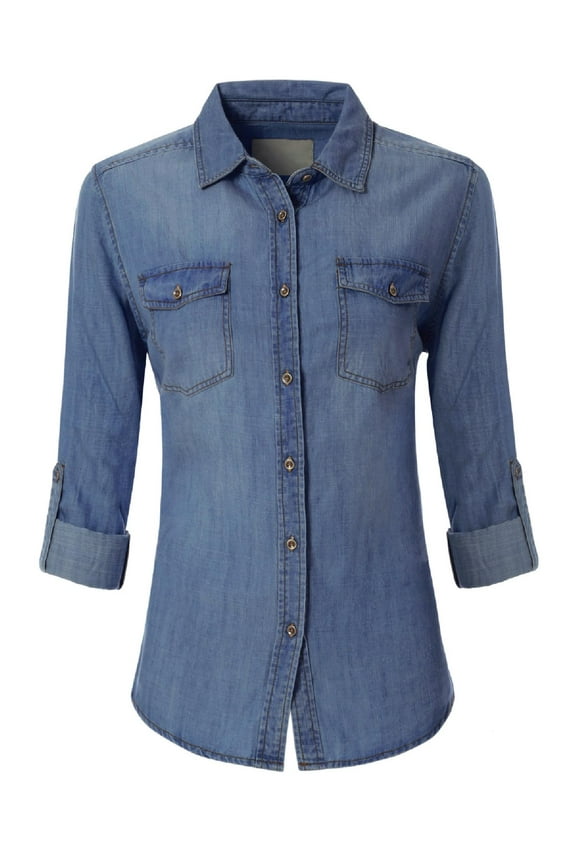 Women's Classic Long/Roll Up Sleeve Button Down Denim Chambray Shirt