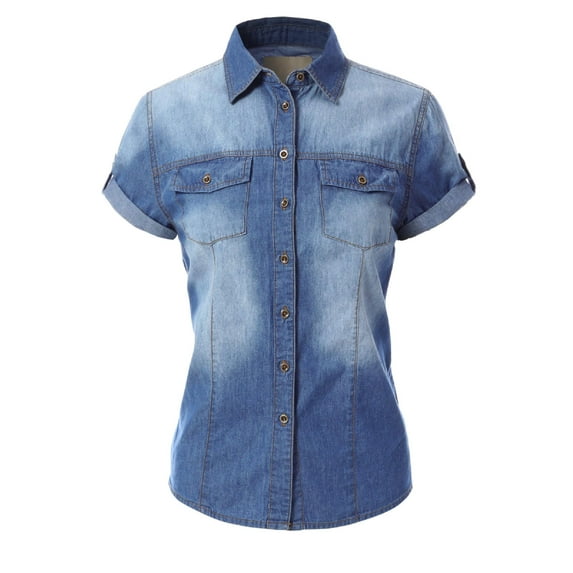 Made by Olivia Women's Classic Short Sleeve Button Down Denim Chambray Shirt