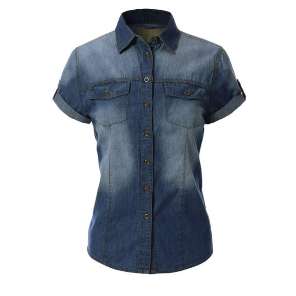 Made by Olivia Women's Classic Short Sleeve Button Down Denim Chambray Shirt