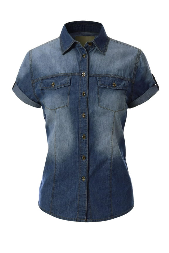 Women's Classic Short Sleeve Button Down Denim Chambray Shirt