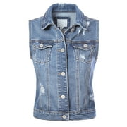 Made by Olivia Women's Classic Sleeveless Distressed Button Down Jean Denim Jacket Vest