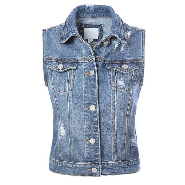 Distressed sleeveless denim jacket hotsell