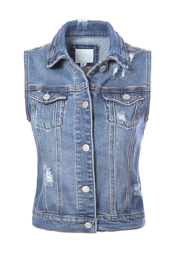 Women's Classic Sleeveless Distressed Button Down Jean Denim Jacket Vest