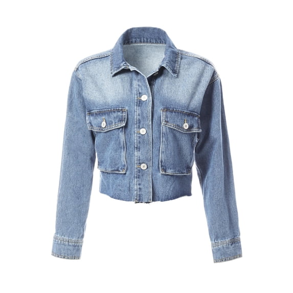 Made by Olivia Women's Cropped Raw Hem Cargo Pocket Denim Jacket