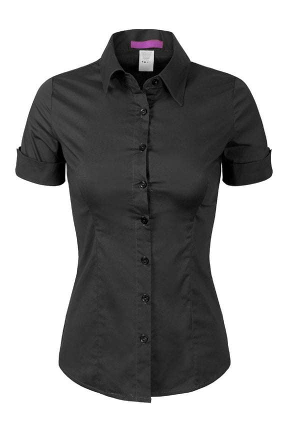 Women's Junior Fit Short Sleeve Stretchy Button Down Collar Office Formal Casual Blouse Shirts Top (S-3XL)