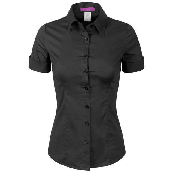Made by Olivia Women's Junior Fit Short Sleeve Stretchy Button Down Collar Office Formal Casual Blouse Shirts Top (S-3XL)