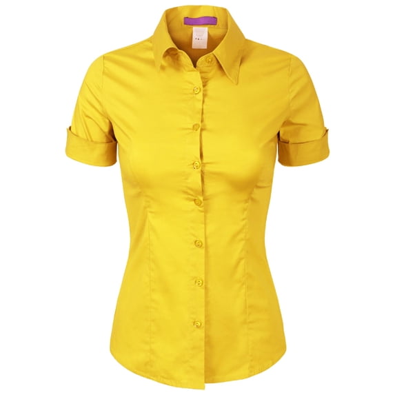 Made by Olivia Women's Junior Fit Short Sleeve Stretchy Button Down Collar Office Formal Casual Blouse Shirts Top (S-3XL)