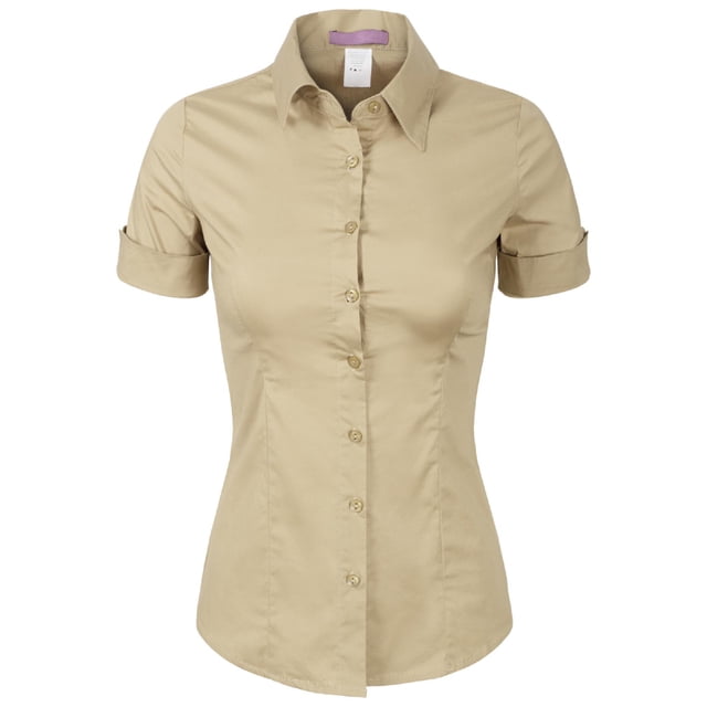 Chemisier Femme à Col Boutonné Extensible - Manches Longues - Coton - Taille Regular - Neuf