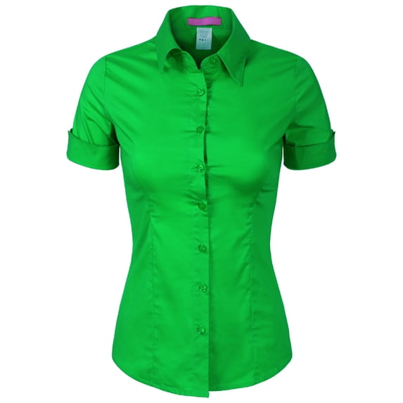 Made by Olivia Women's Junior Fit Short Sleeve Stretchy Button Down Collar Office Formal Casual Blouse Shirts Top (S-3XL)
