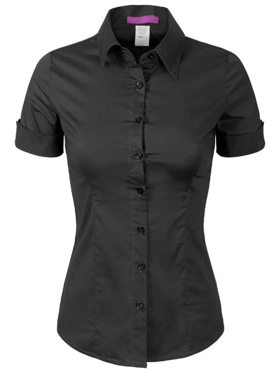Women's Junior Fit Short Sleeve Stretchy Button Down Collar Office Formal Casual Blouse Shirts Top (S-3XL)