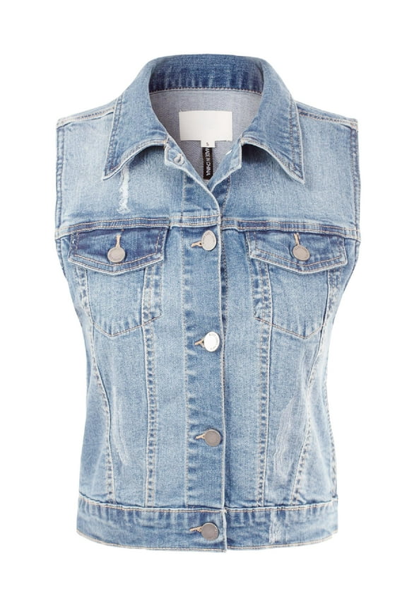 Women's Junior Fit Sleeveless Button up Jean Denim Jacket Vest