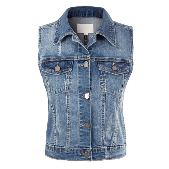 Made by Olivia Women's Junior Fit Sleeveless Button up Jean Denim Jacket Vest