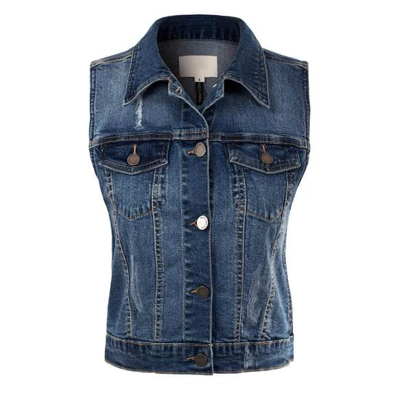 Made by Olivia Women's Junior Fit Sleeveless Button up Jean Denim Jacket Vest