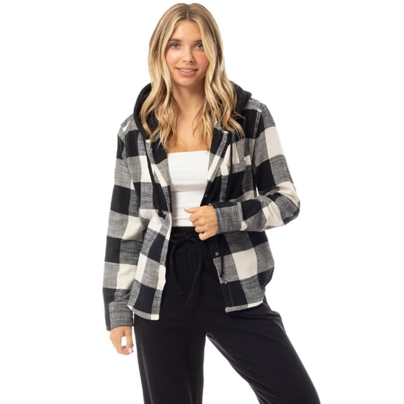 Made by Olivia Women's Long Sleeve Button Down Checkered Plaid Hooded Flannel