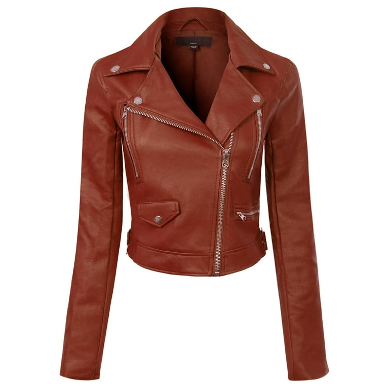 Made by Olivia Women's Long Sleeve Zipper Closure Moto Biker Faux Leather  Jacket