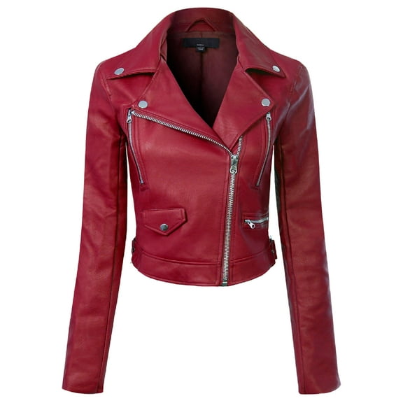 Made by Olivia Women's Long Sleeve Zipper Closure Moto Biker Faux Leather Jacket