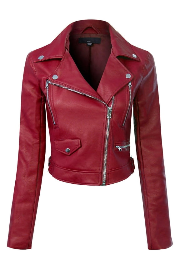 Women's Long Sleeve Zipper Closure Moto Biker Faux Leather Jacket