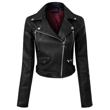 Made by Olivia Women's Long Sleeve Zipper Closure Moto Biker Faux Leather Jacket