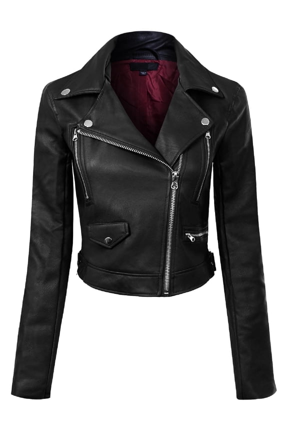 Women's Long Sleeve Zipper Closure Moto Biker Faux Leather Jacket