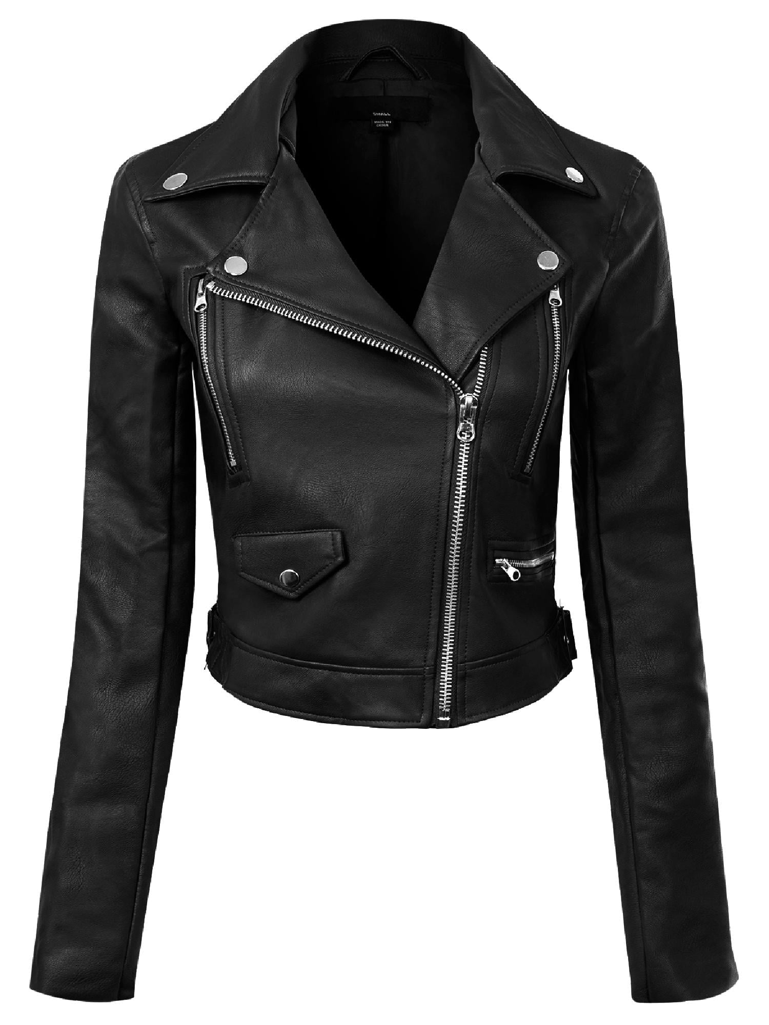 Made by Olivia Women's Long Sleeve Zipper Closure Moto Biker Faux Leather Jacket