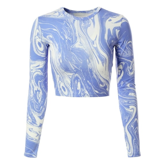 Made by Olivia Women's Printed Long Sleeve Round Neck Crop Top Shirt